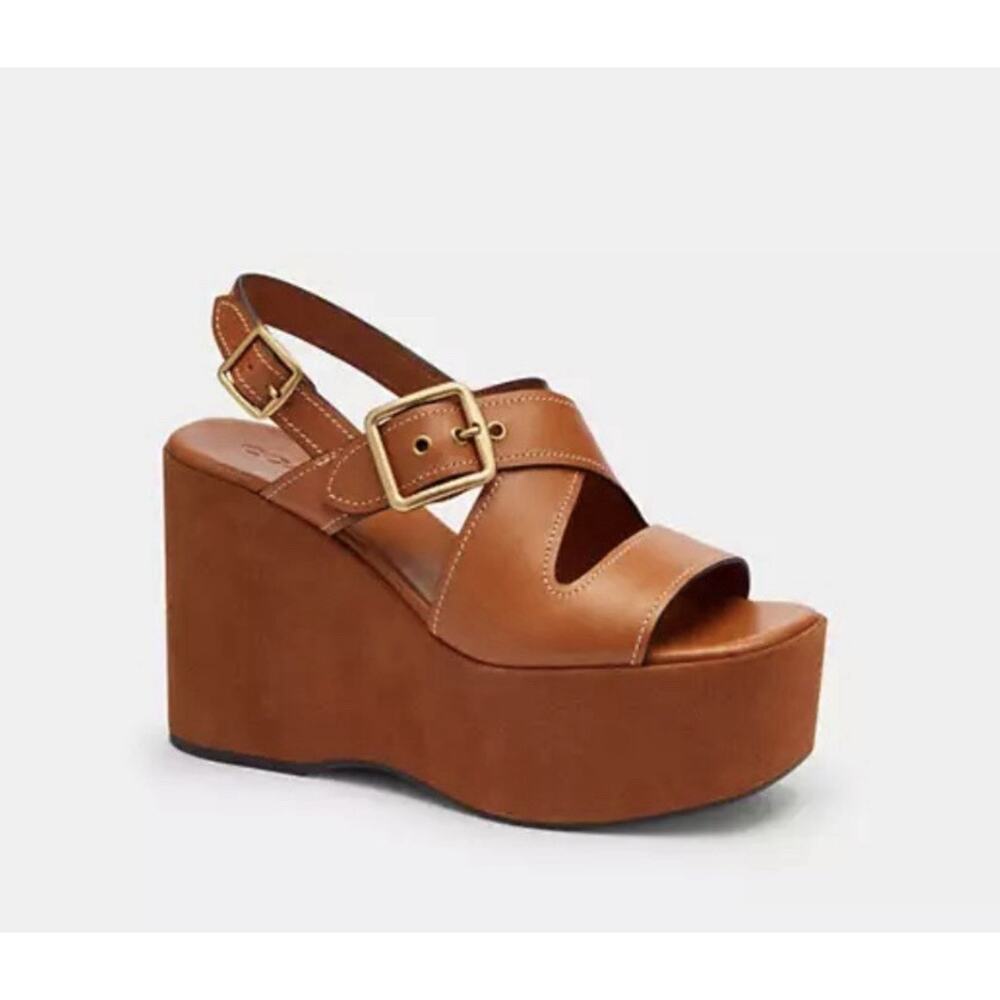 Coach Archival Buckle Platform Sandals Tan Cognac Suede Wedge Size 10 NIB
